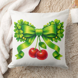 Lucky Clover Bow with Cherries Green Design Throw Pillow