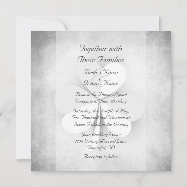 Lucky Clover Grey White Green Orange Irish Wedding Invitation (Front)