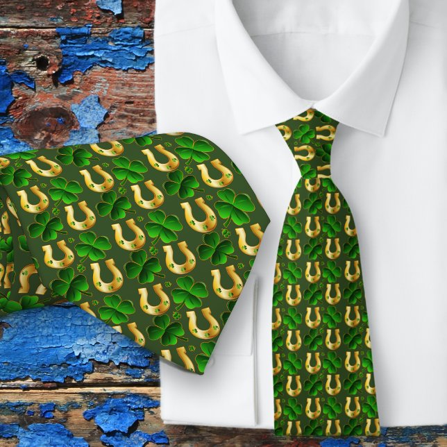 Lucky Clover Horseshoes Patterned Green Neck Tie (Creator Uploaded)