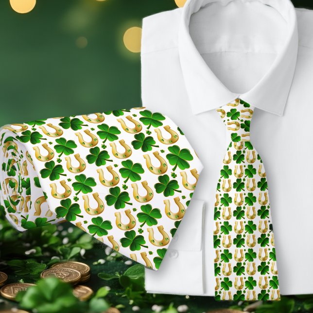 Lucky Clover Horseshoes Patterned White Neck Tie (Creator Uploaded)