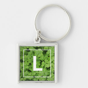 Lucky clover monogram, green meadow raindrops keychain