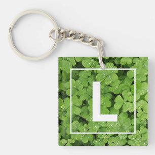 Lucky clover monogram, green meadow shamrock keychain