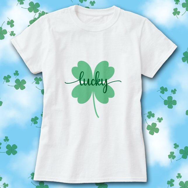 Lucky Clover Script St. Patrick’s Day Tee        (White t-shirt with green Lucky script on a large solid green four-leaf clover graphic.)