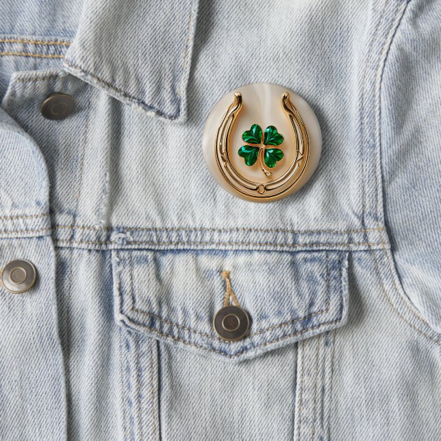 Lucky clover with Gold Horseshoe 2 Inch Round Button (In Situ)
