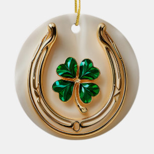 Lucky clover with Gold Horseshoe Ceramic Ornament