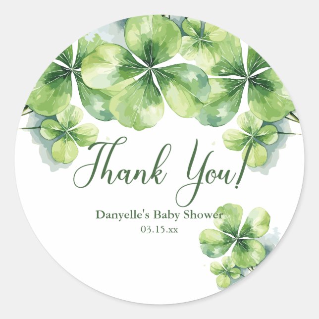 Lucky Clovers St. Patrick's Baby Shower Thank You Classic Round Sticker (Front)