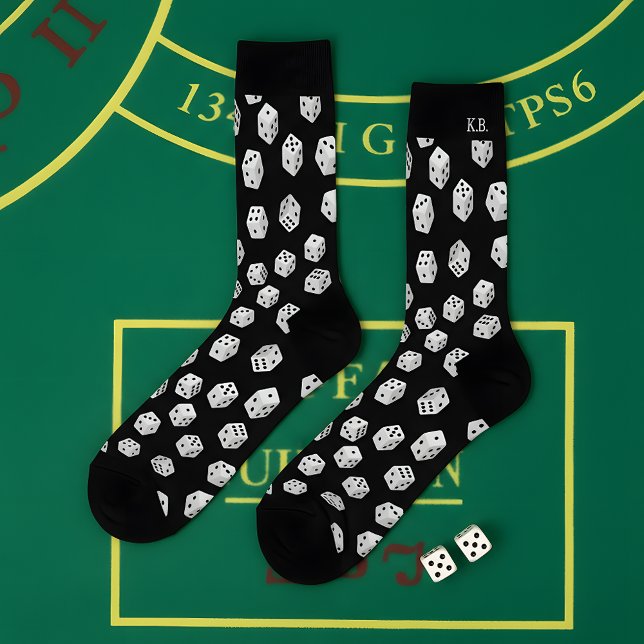 Lucky Dice Pattern Socks with Monogram for Gamers  (Step up your sock game with these bold black socks featuring an all-over white dice pattern.)