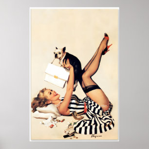 Lucky Dog Pug958 Vintage Style Elvgren Pin-Up Girl Poster