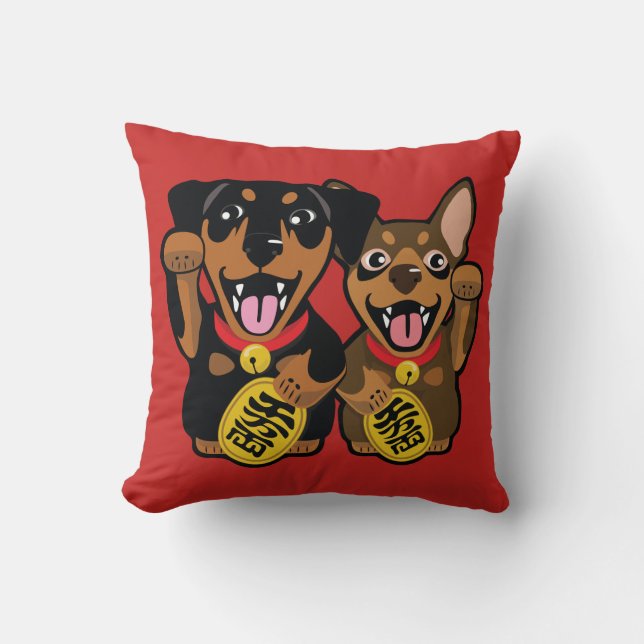Lucky Dogs - Min Pin Art Illustration Throw Pillow (Front)