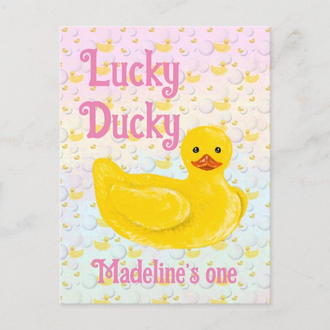 Lucky Ducky First Birthday Invitation Postcard (Front)