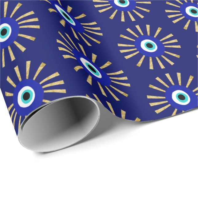 Lucky Evil Eye Talisman Blue and Gold Wrapping Paper (Roll Corner)