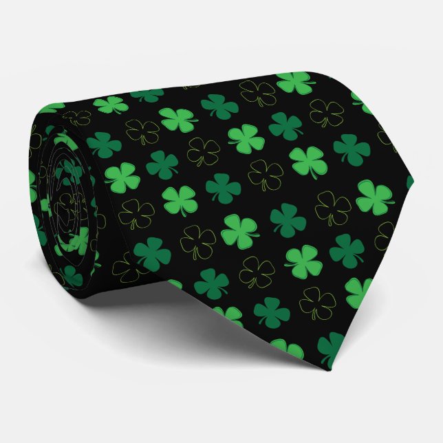 Lucky Four Leaf Clover Neck Tie - Black (Rolled)