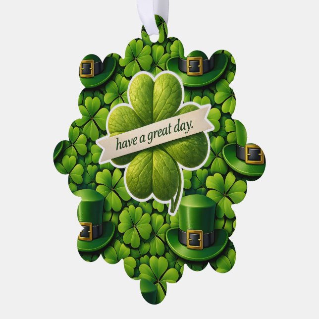 Lucky four leaf clover Saint Patrick's Day Patrick Ornament Card (Left)