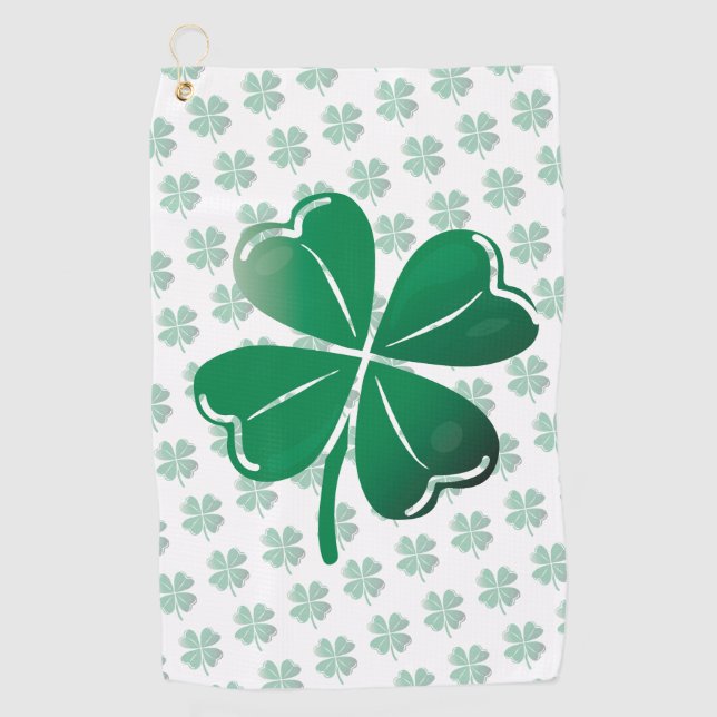 Lucky Four Leaf Clover Shamrock Green Pattern Golf Towel (Front)