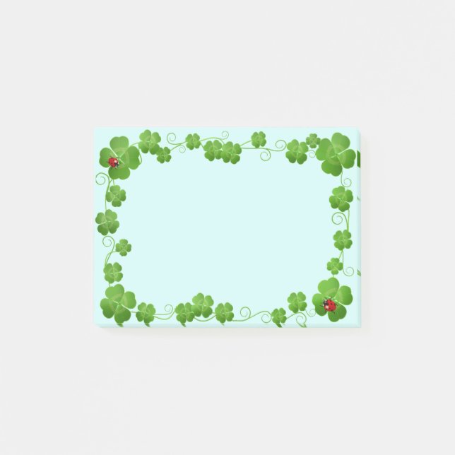 Lucky Four-Leaf Clovers & Ladybugs on Light Blue Post-it Notes (Front)