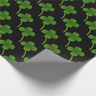 Lucky Four Leaf Clovers on Black Wrapping Paper