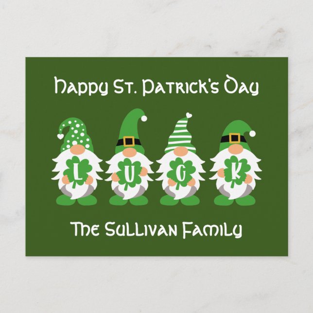 Lucky Gnomes Leprechaun Name St Patricks Day Postcard (Front)