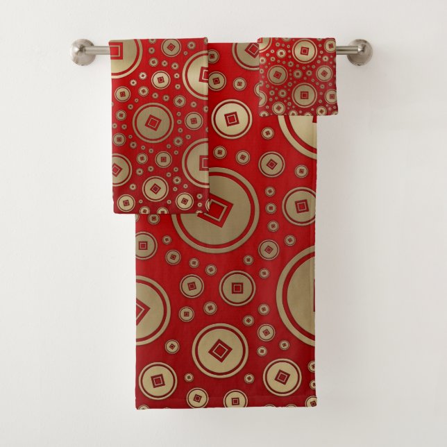 Lucky Gold Chinese coins pattern on red Bath Towel Set (Insitu)