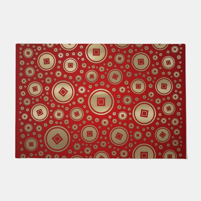 Lucky Gold Chinese coins pattern on red Doormat (Front)