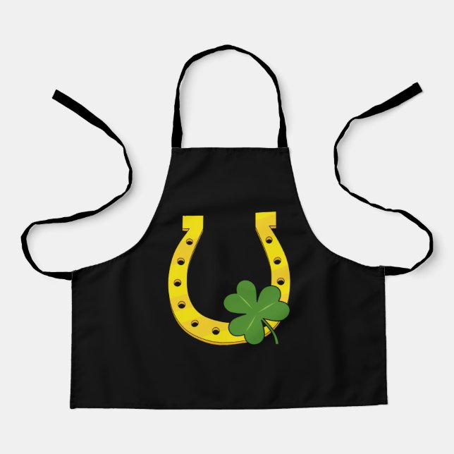 Lucky Golden Horseshoe with Shamrock on Black Apron (Front)