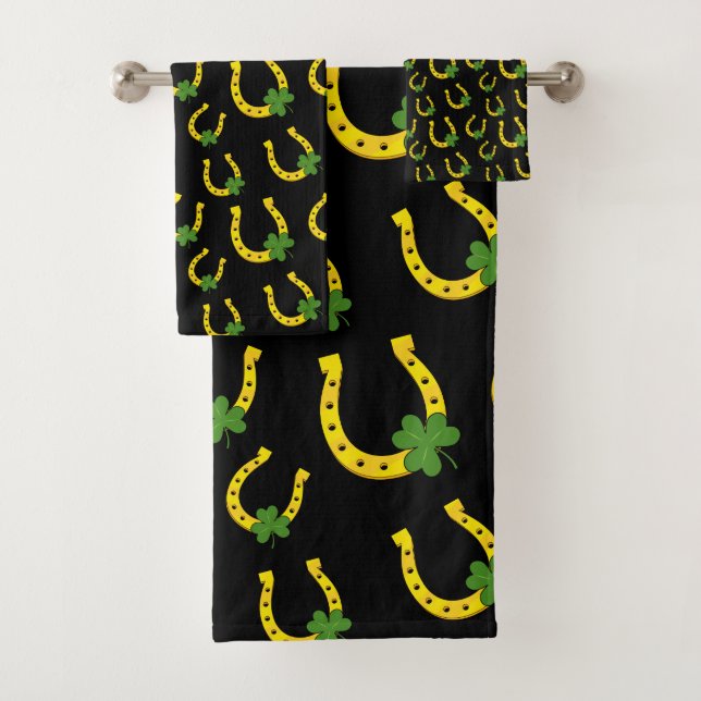 Lucky Golden Horseshoe with Shamrock on Black Bath Towel Set (Insitu)