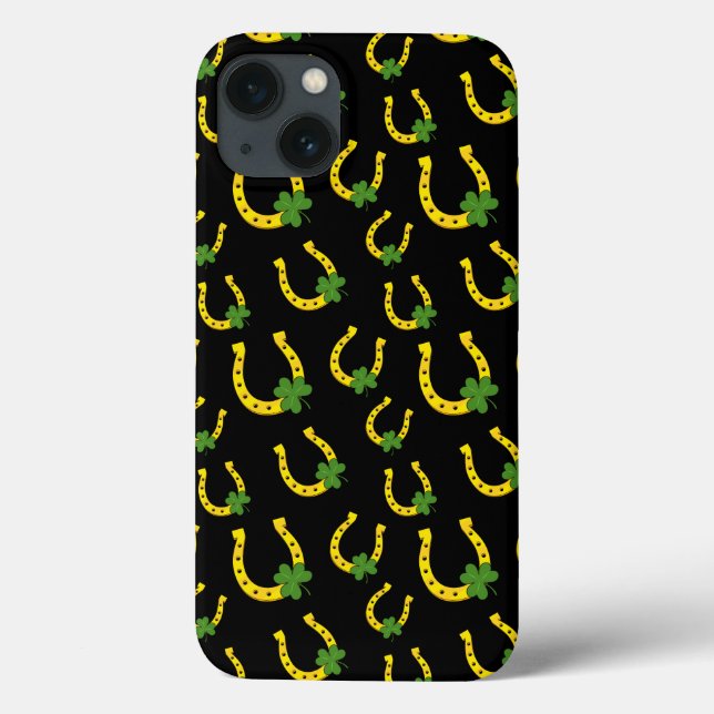 Lucky Golden Horseshoe with Shamrock on Black Case-Mate iPhone Case (Back)