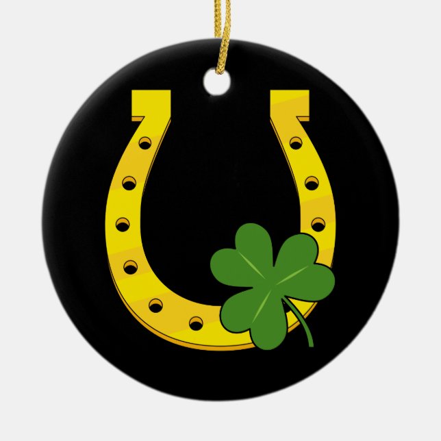 Lucky Golden Horseshoe with Shamrock on Black Ceramic Ornament (Front)