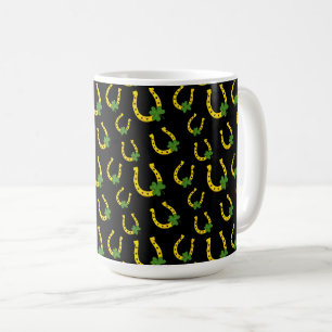 Lucky Golden Horseshoe with Shamrock on Black Coffee Mug