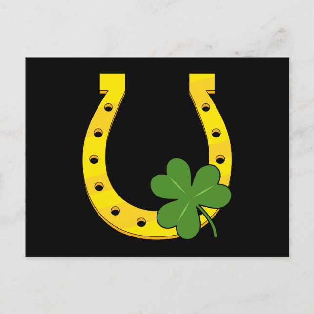 Lucky Golden Horseshoe with Shamrock on Black Holiday Postcard (Front)