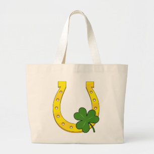 Lucky Golden Horseshoe with Shamrock on Black Large Tote Bag