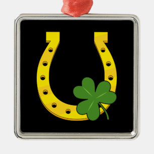 Lucky Golden Horseshoe with Shamrock on Black Metal Ornament