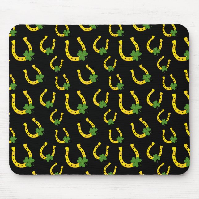 Lucky Golden Horseshoe with Shamrock on Black Mouse Pad (Front)