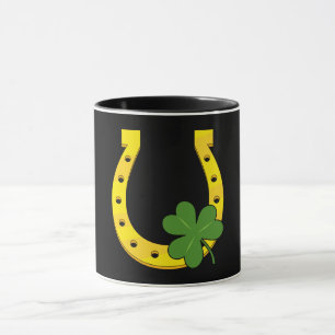 Lucky Golden Horseshoe with Shamrock on Black Mug