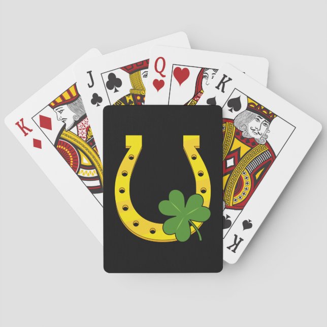 Lucky Golden Horseshoe with Shamrock on Black Playing Cards (Back)