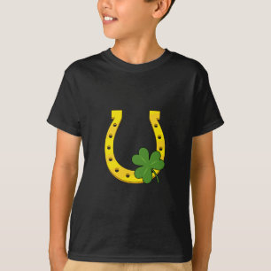 Lucky Golden Horseshoe with Shamrock on Black T-Shirt
