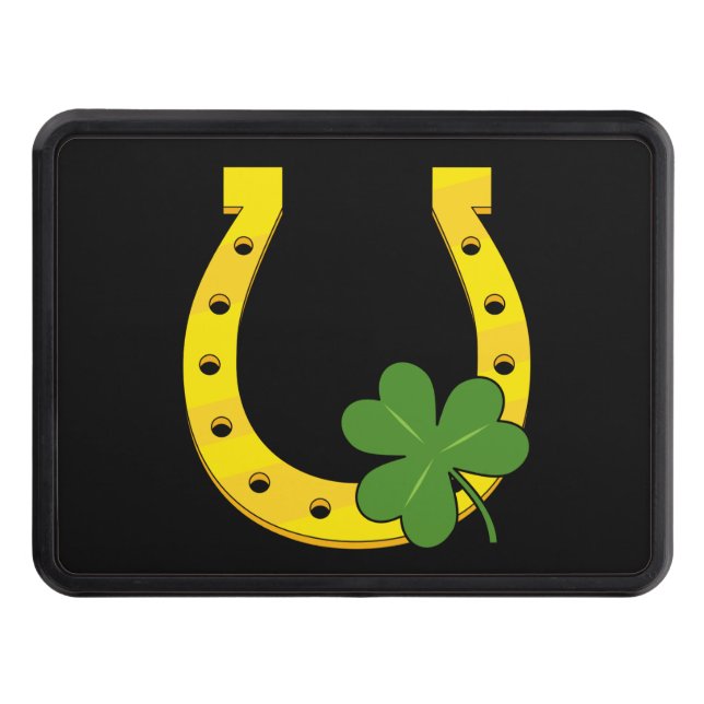 Lucky Golden Horseshoe with Shamrock on Black Trailer Hitch Cover (Front)