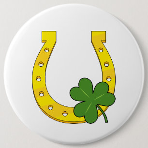 Lucky Golden Horseshoe with Shamrock on White 6 Inch Round Button