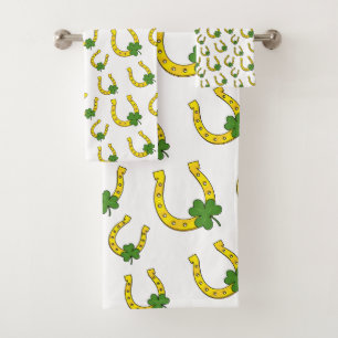 Lucky Golden Horseshoe with Shamrock on White Bath Towel Set