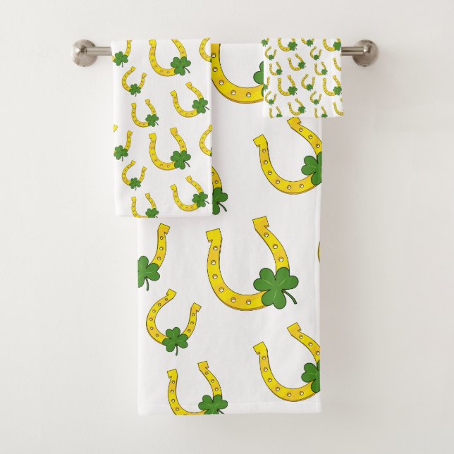 Lucky Golden Horseshoe with Shamrock on White Bath Towel Set (Insitu)