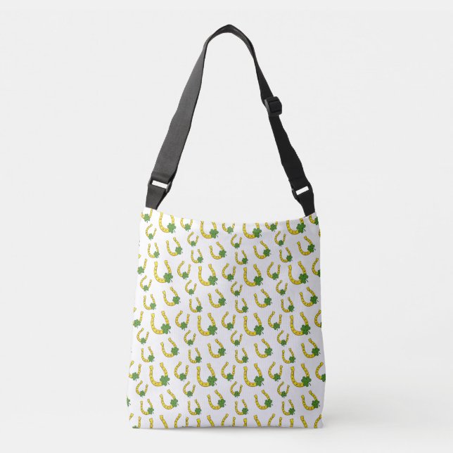 Lucky Golden Horseshoe with Shamrock on White Crossbody Bag (Front)