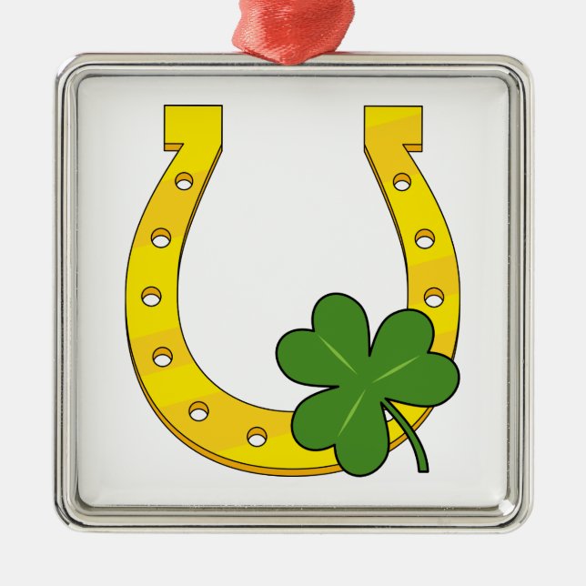 Lucky Golden Horseshoe with Shamrock on White Metal Ornament (Front)
