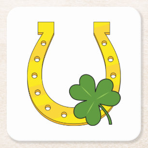 Lucky Golden Horseshoe with Shamrock on White Square Paper Coaster