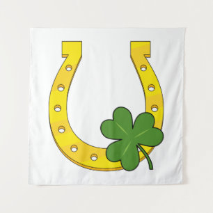 Lucky Golden Horseshoe with Shamrock on White Tapestry