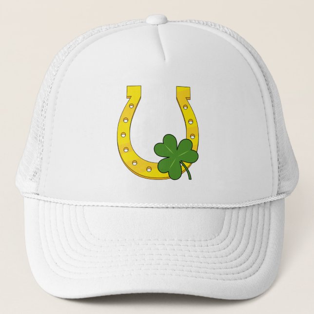 Lucky Golden Horseshoe with Shamrock on White Trucker Hat (Front)