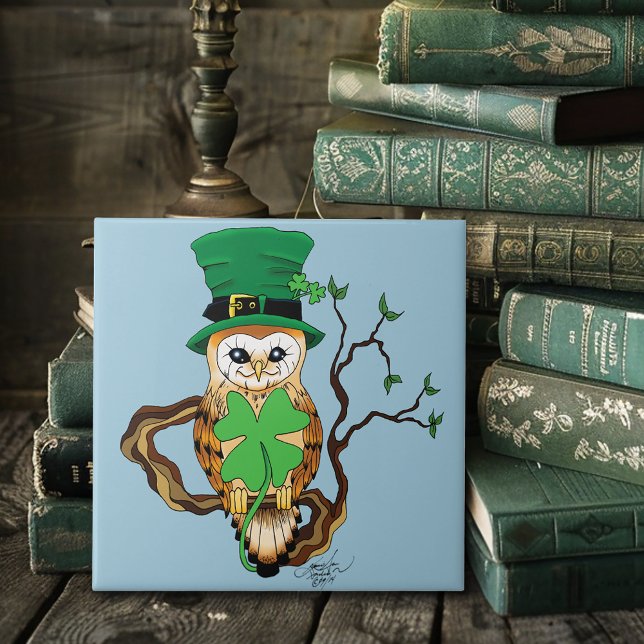 Lucky Green Cute Irish Owl Illustration Tile (Creator Uploaded)
