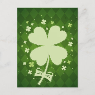 Lucky Green Diamond Four Leaf Ribbon Clover Holiday Postcard