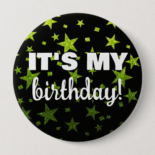 Lucky Green Glitter Star Confetti It's My Birthday 4 Inch Round Button