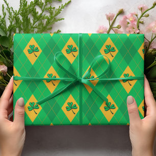 Lucky Green & Gold Clover Argyle St. Patrick's Day Wrapping Paper