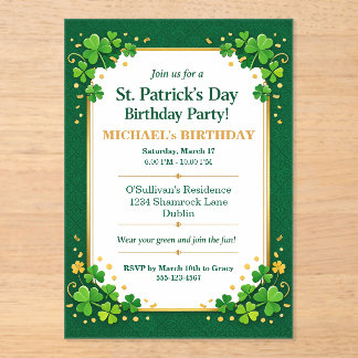 Lucky Green Gold Festive Shamrock Clover Birthday  Acrylic Invitations