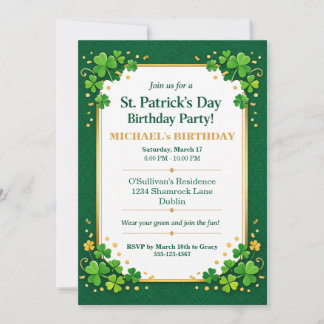 Lucky Green Gold Festive Shamrock Clover Birthday  Invitation